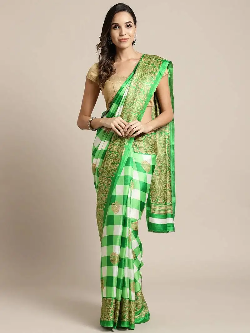 Green printed art silk saree with blouse
