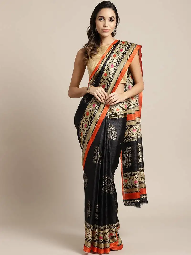 Black printed art silk saree with blouse