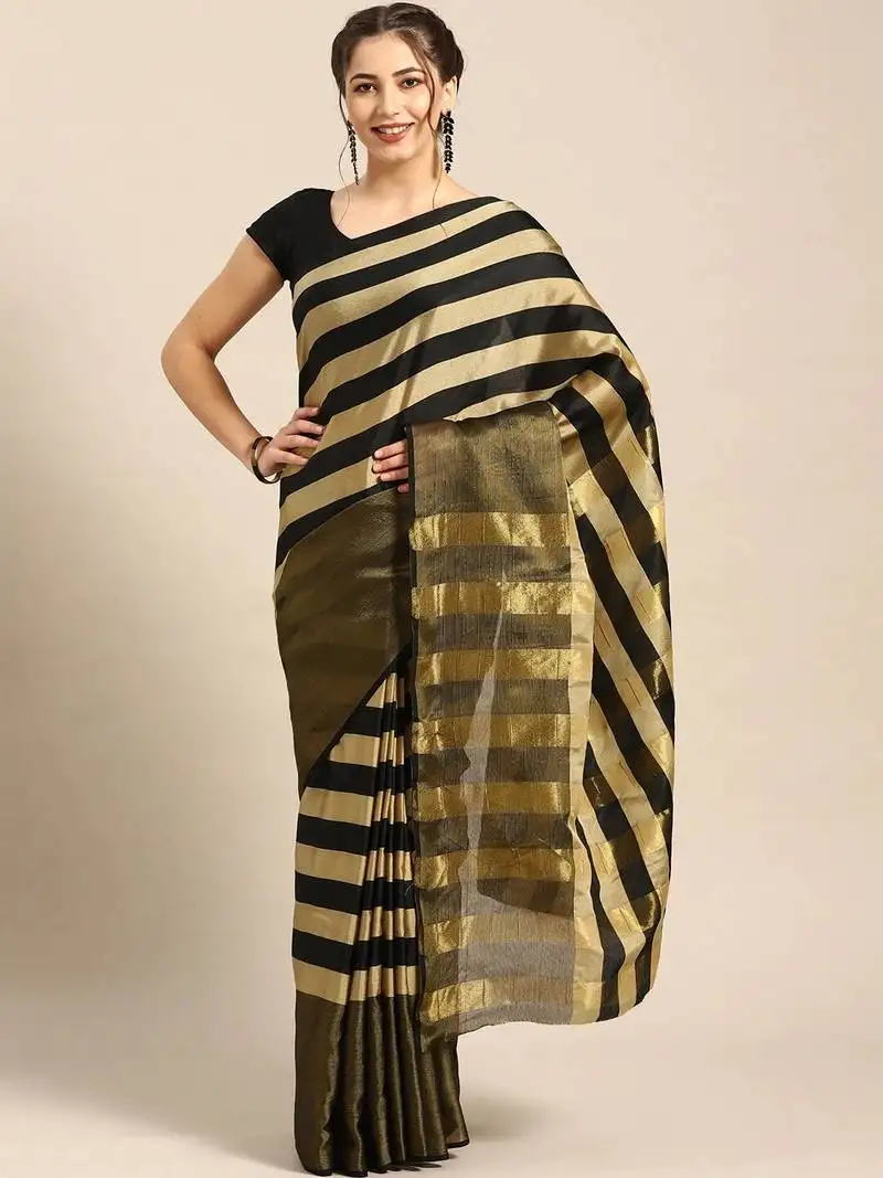Beige woven blended cotton saree with blouse