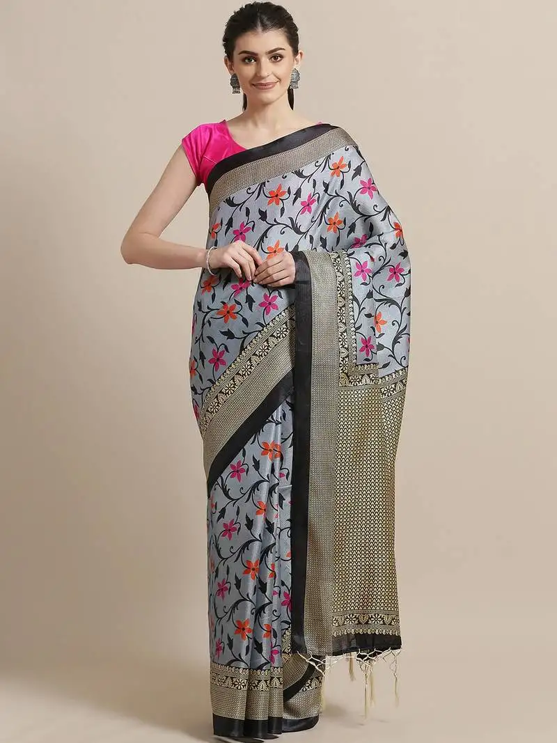 Grey printed art silk saree with blouse