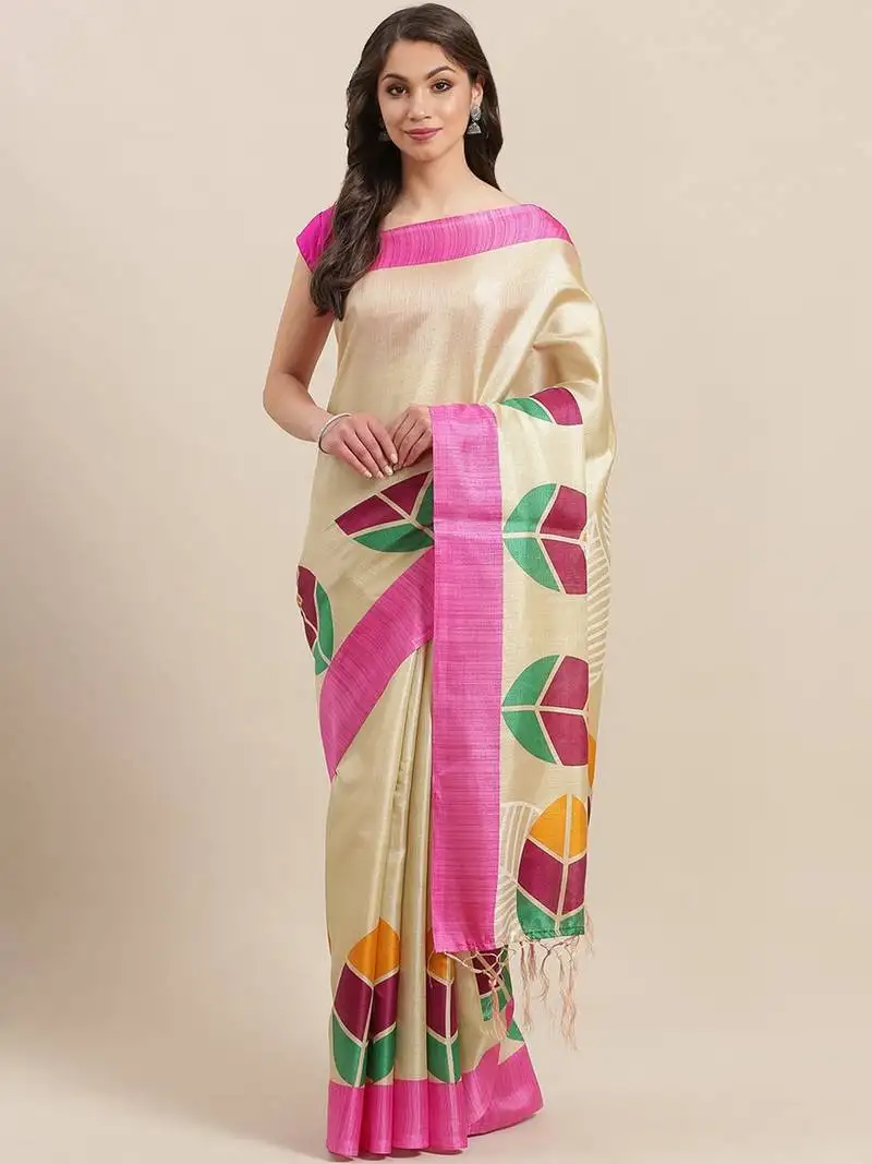Pink printed art silk saree with blouse