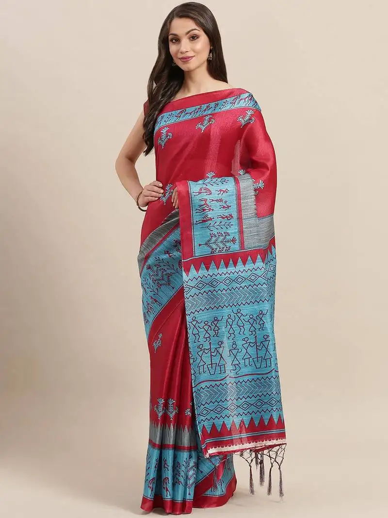 Maroon printed art silk saree with blouse