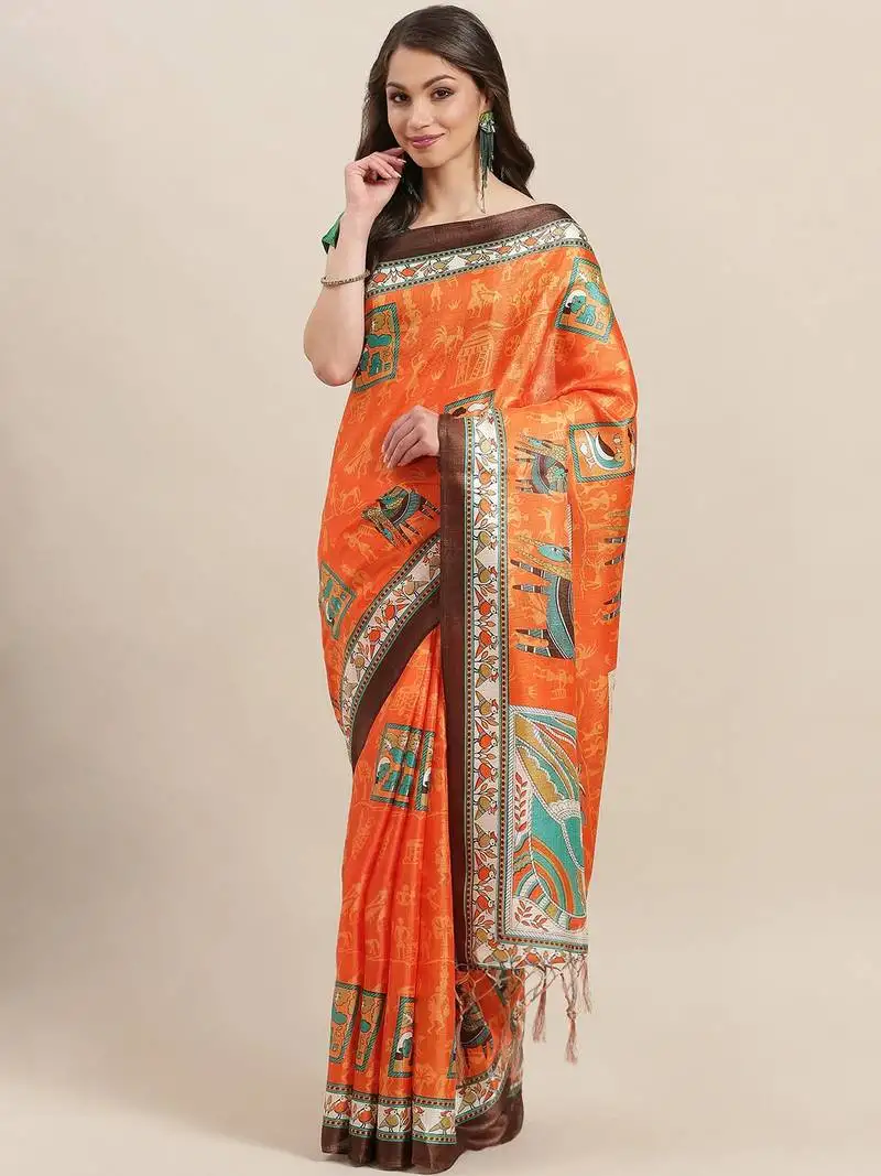 Orange printed art silk saree with blouse