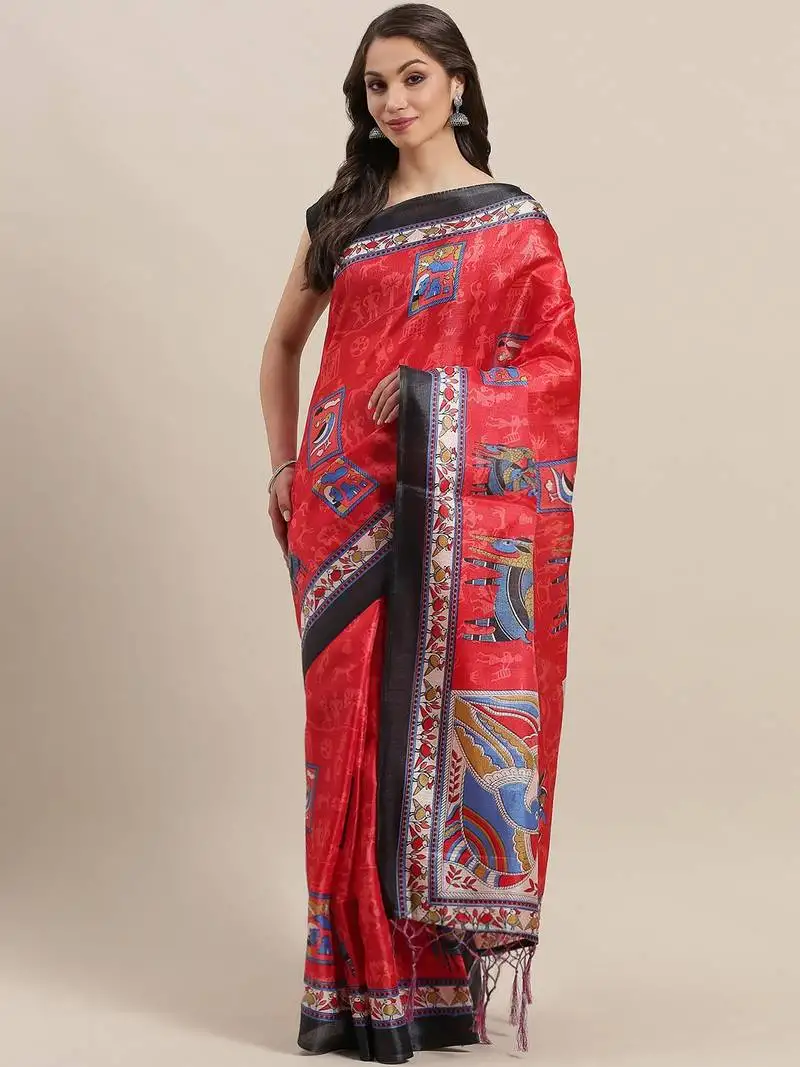 Red printed art silk saree with blouse
