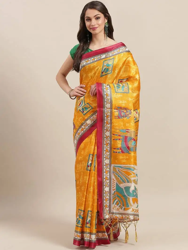 Yellow printed art silk saree with blouse