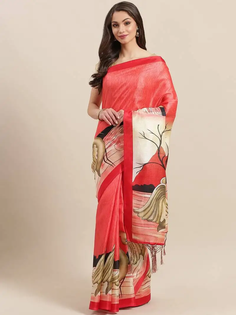 Beige printed art silk saree with blouse
