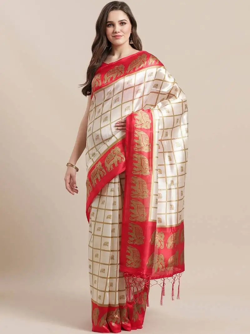 Cream printed art silk saree with blouse