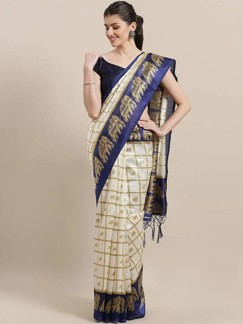 White printed art silk saree with blouse