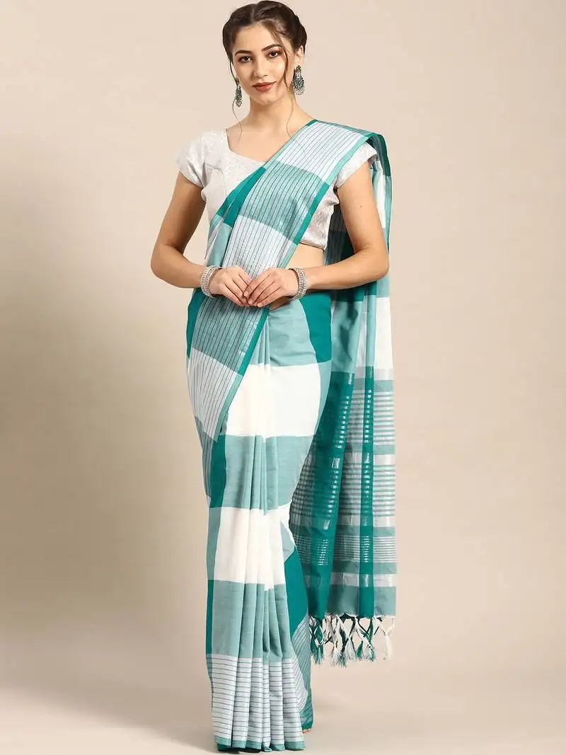 White woven blended cotton saree with blouse