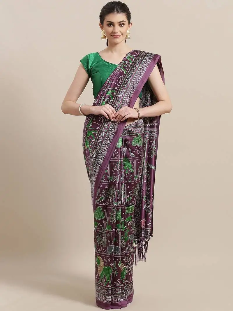 Purple printed art silk saree with blouse
