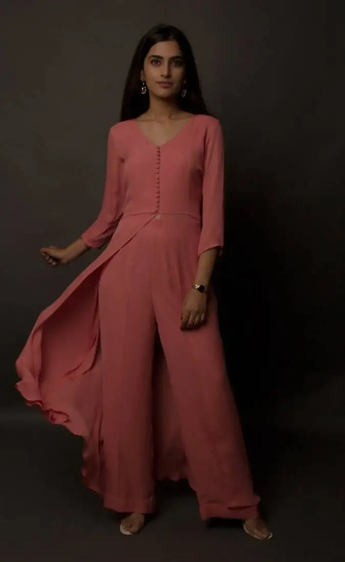 Pink plain georgette long-kurtis