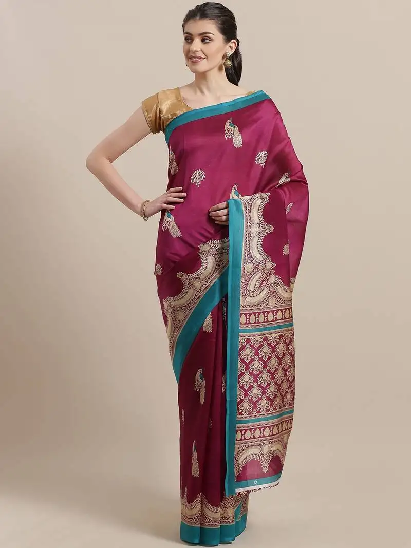Magenta printed art silk saree with blouse