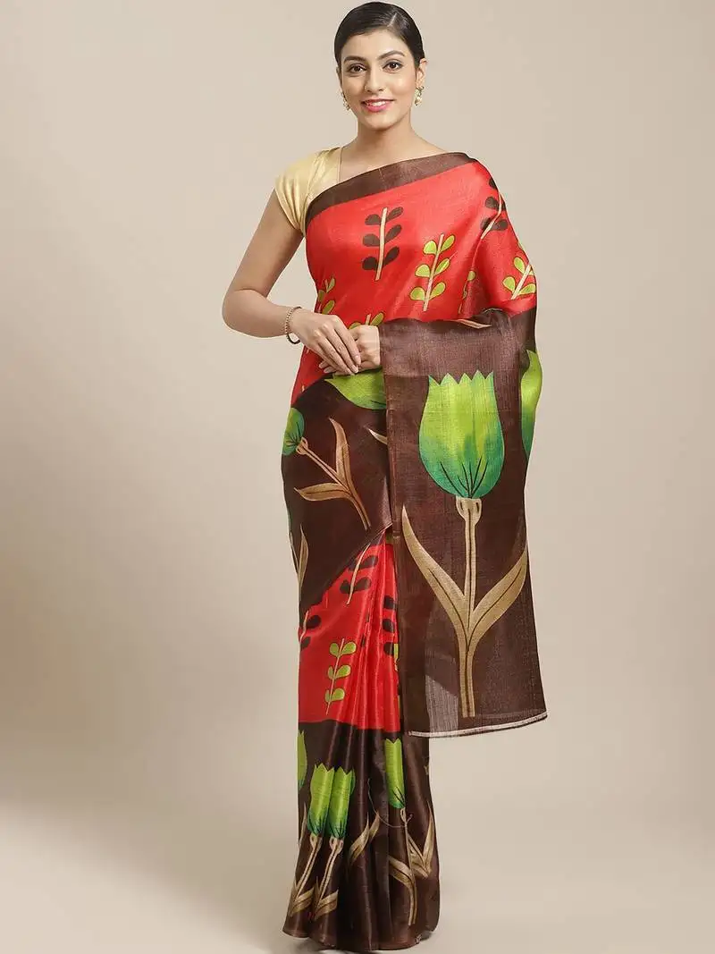 Brown printed art silk saree with blouse