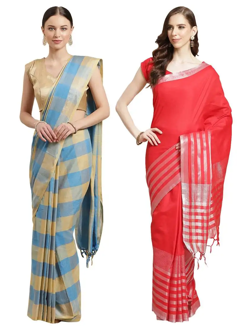 Multicolor woven blended cotton saree with blouse