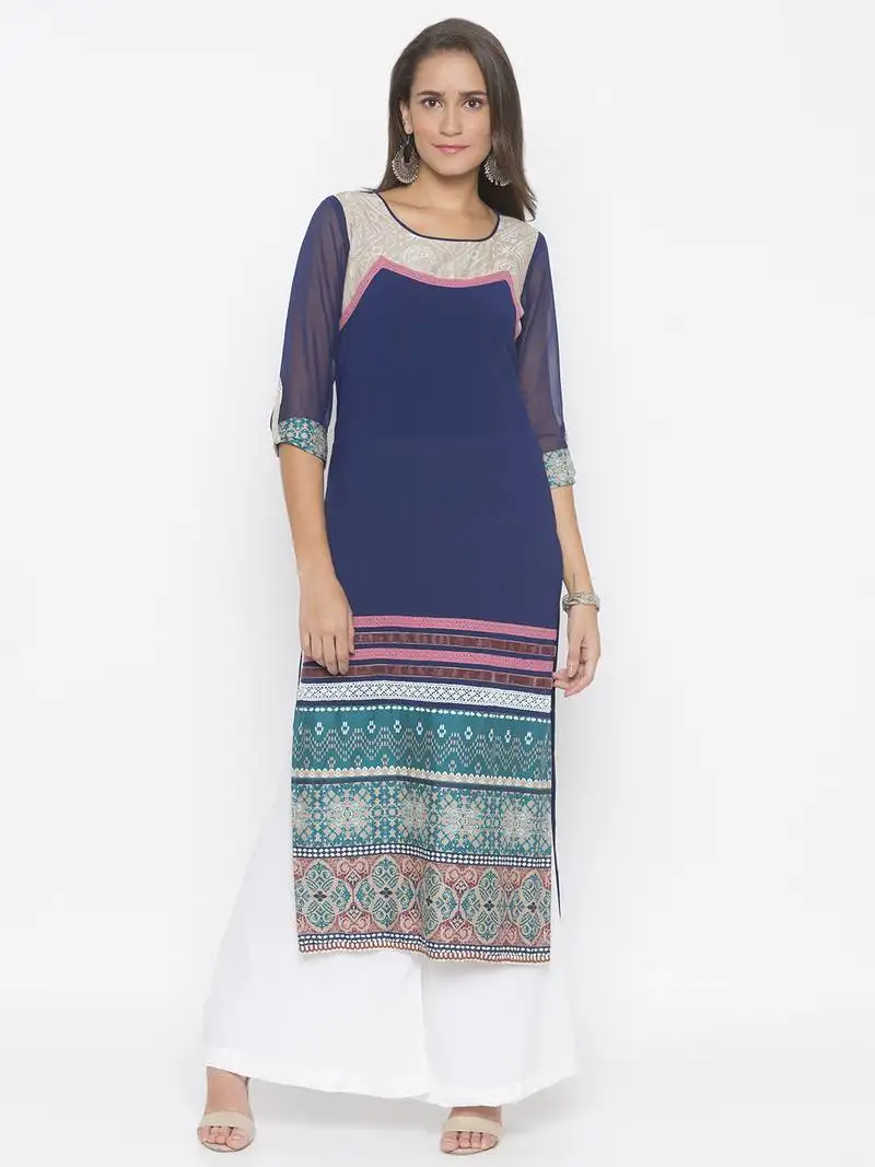Dark-navy-blue printed crepe party-wear-kurti