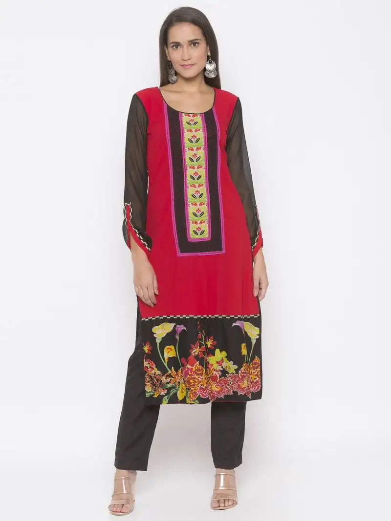 Red embroidered crepe party-wear-kurti