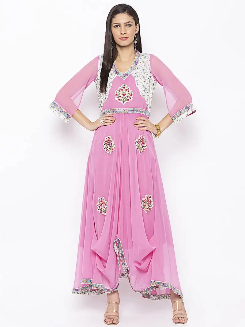 Baby-pink embroidered georgette party-wear-kurti