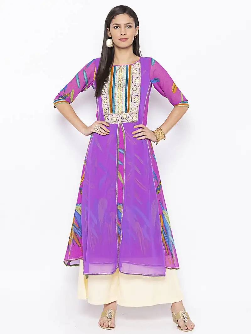 Purple embroidered georgette party-wear-kurti