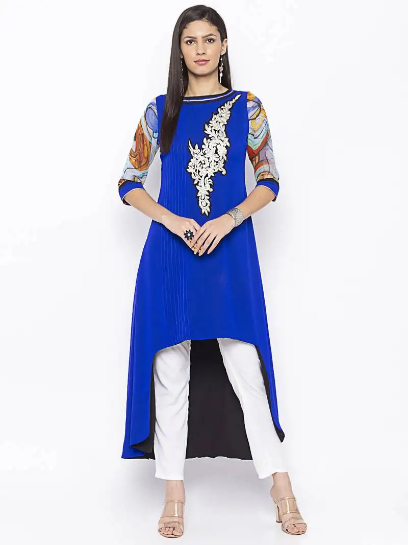 Dark-blue embroidered georgette party-wear-kurti