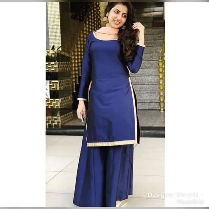 Dark-blue plain silk long-kurtis