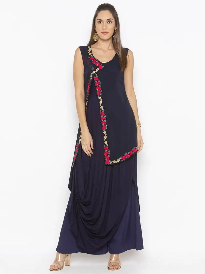 Dark-navy-blue embroidered cotton party-wear-kurti
