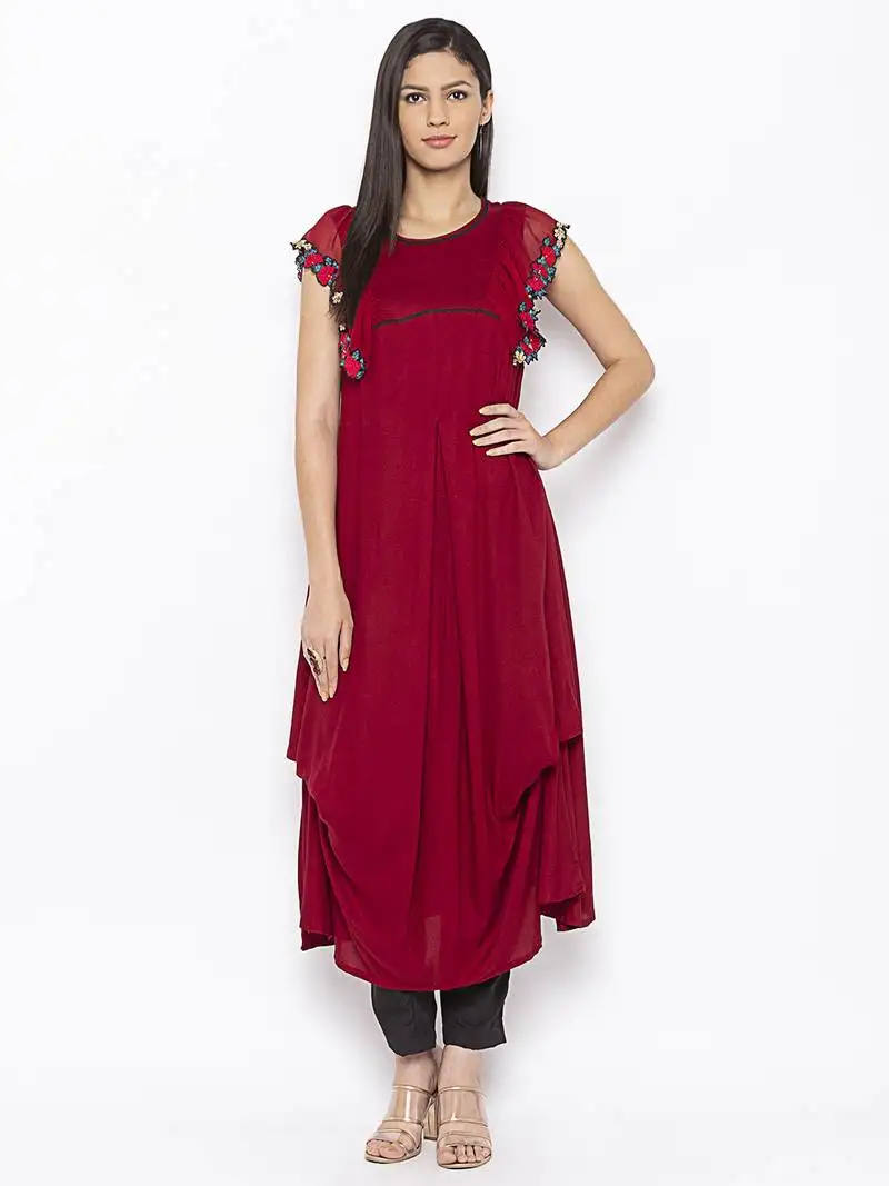 Maroon embroidered cotton party-wear-kurti