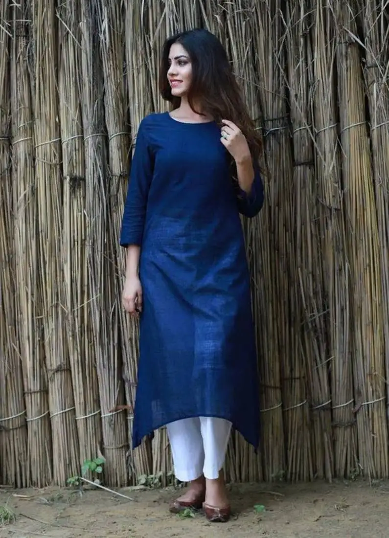 Blue plain cotton long-kurtis