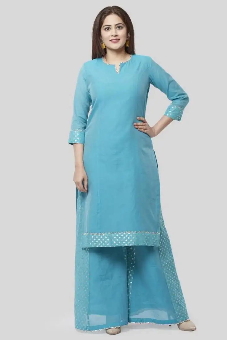 Sky-blue plain cotton long-kurtis