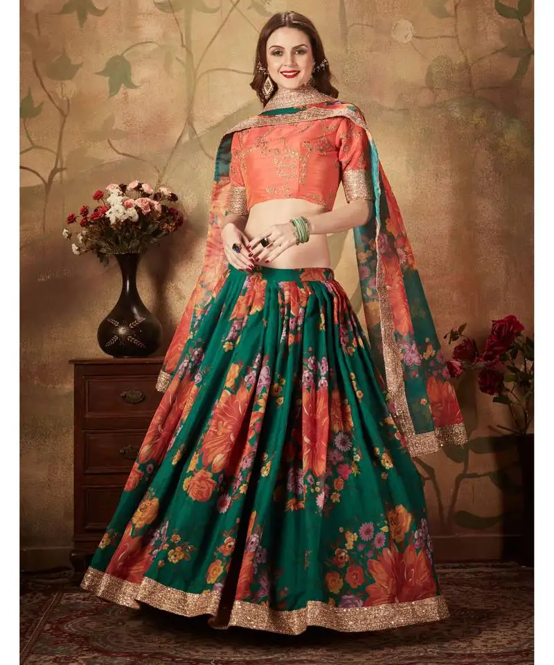 Green floral printed designer wedding organza lehenga choli with dupatta for women