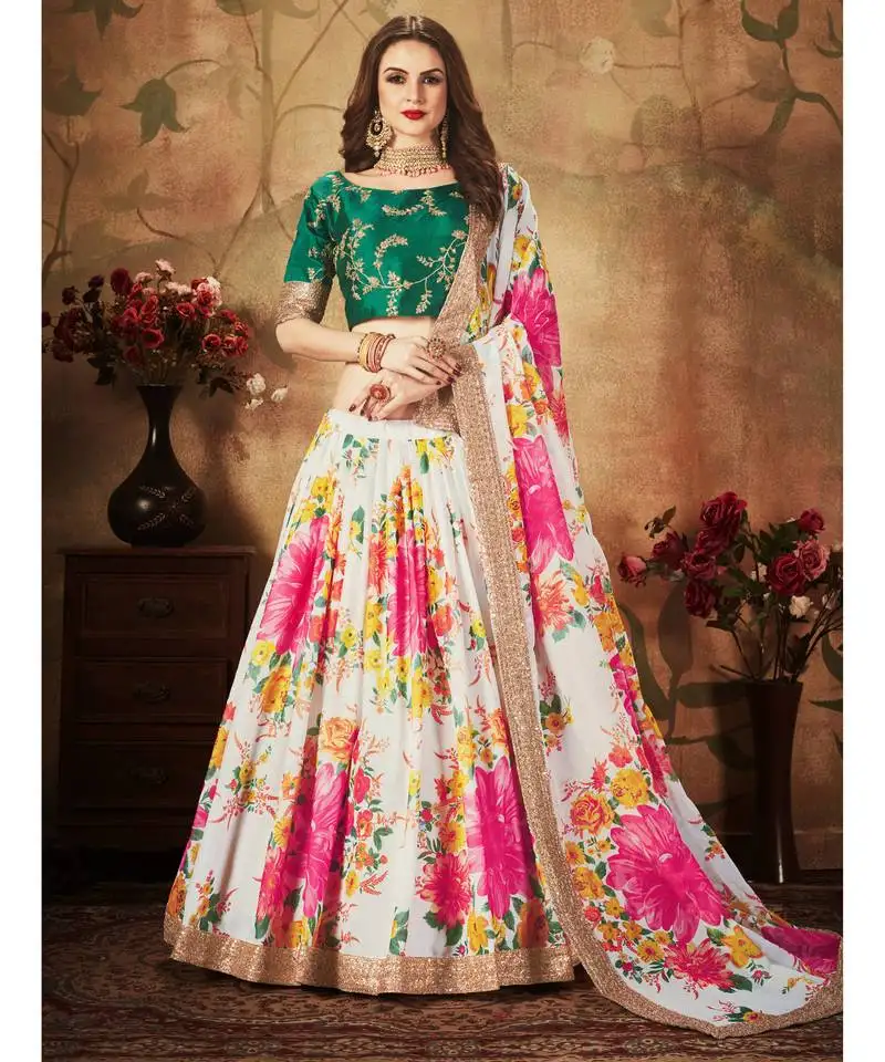 Off-white amazing floral printed organza wedding designer lehenga choli for women