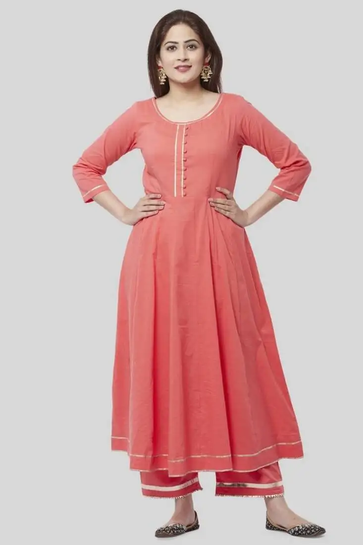 Pink plain cotton long-kurtis