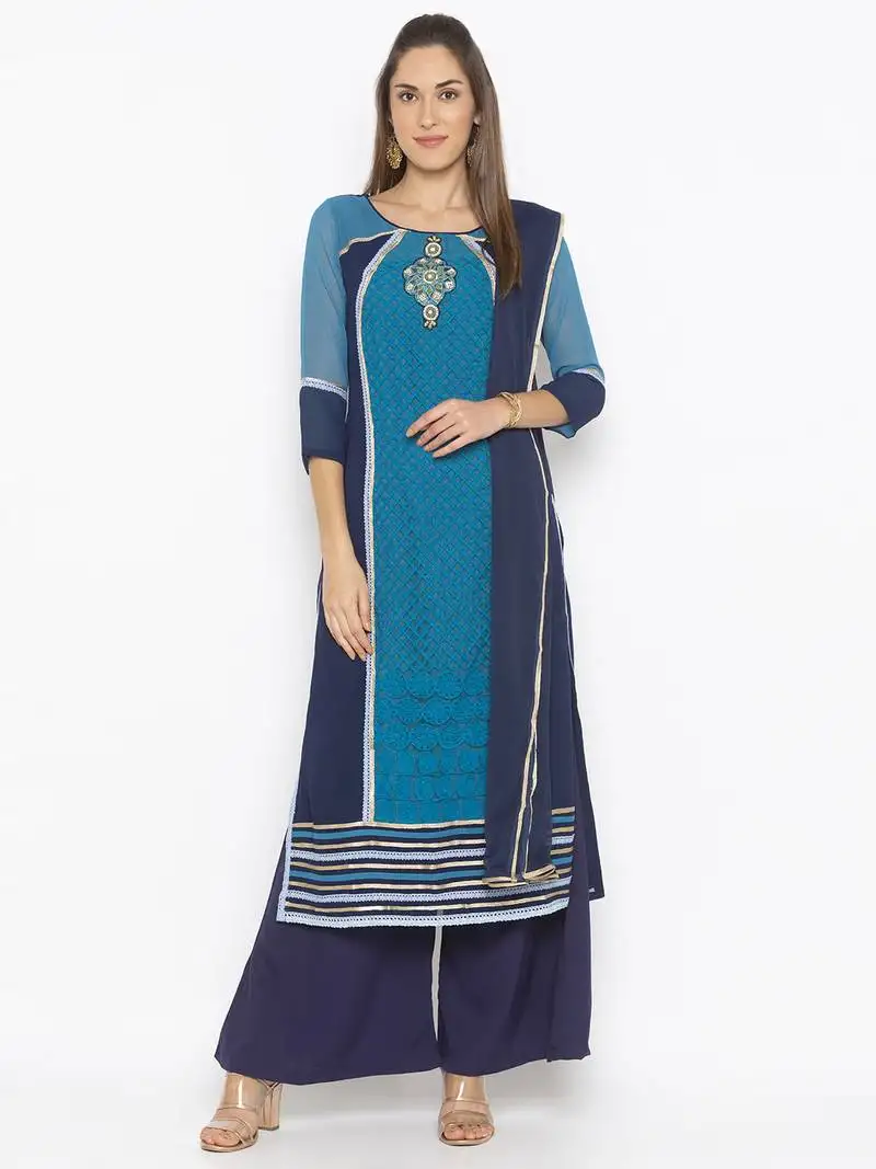 Dark-blue embroidered georgette salwar stitched
