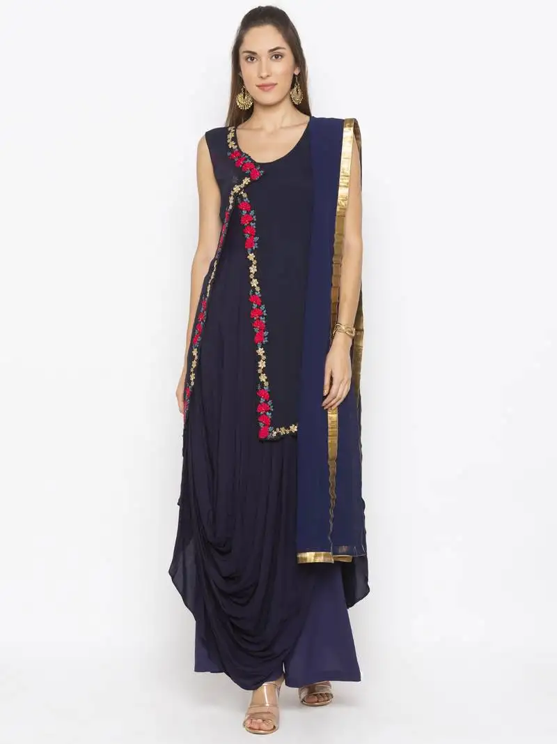 Dark-navy-blue embroidered cotton salwar stitched