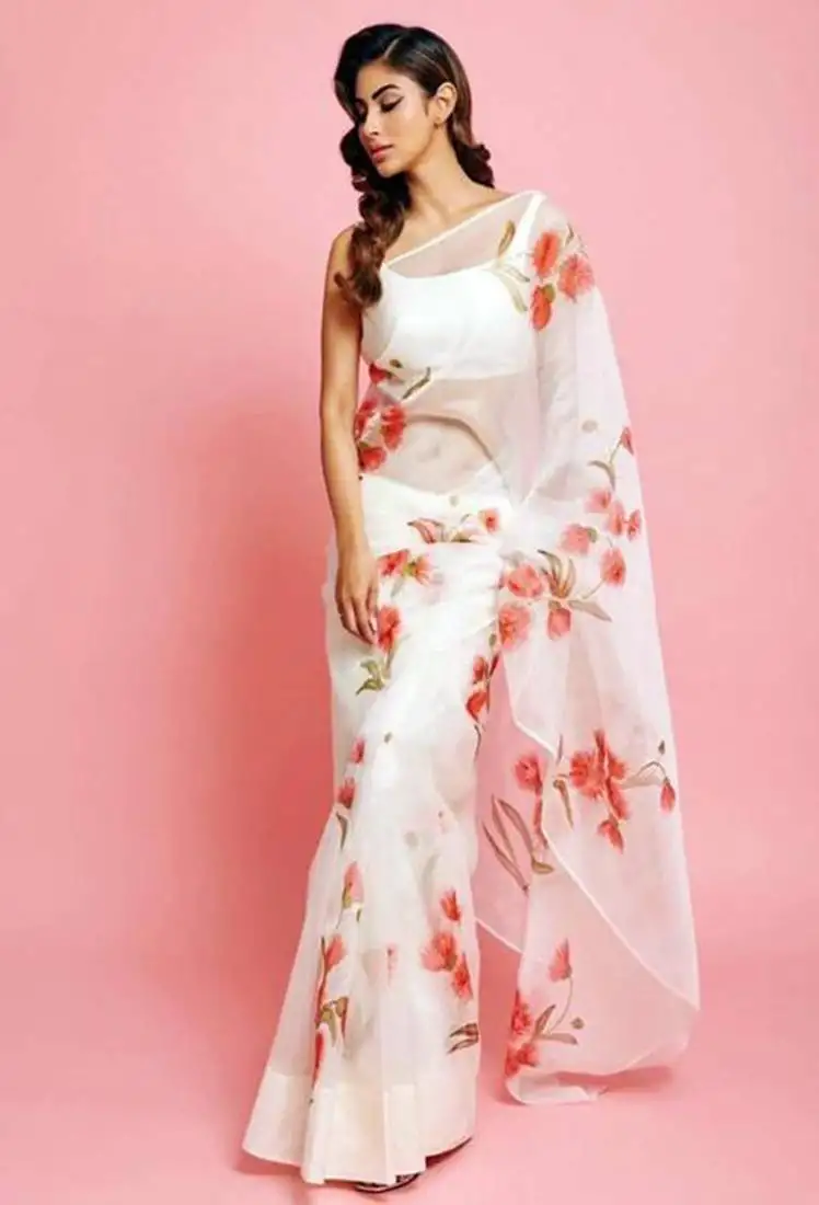 Kimisha organza red floral printed white saree with blouse