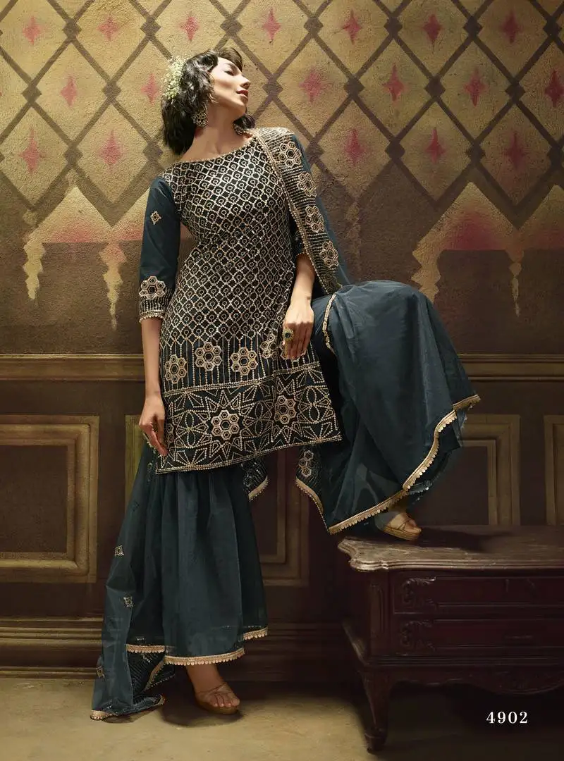 teal green sequins embroidered net sharara suit for eid semi stitched