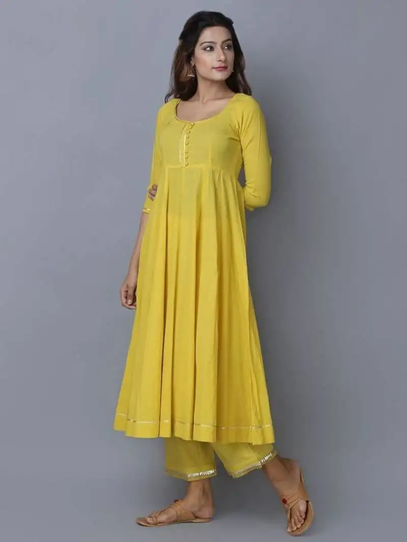 Yellow plain cotton long-kurtis