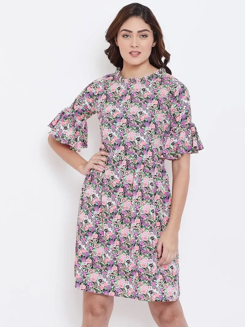 Multicolor printed crepe short-dresses