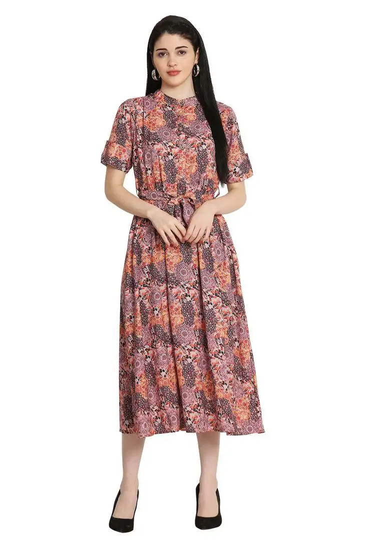 Multicolor printed crepe long-dresses