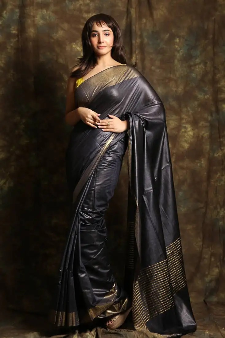 Charcoal woven tussar silk saree with blouse