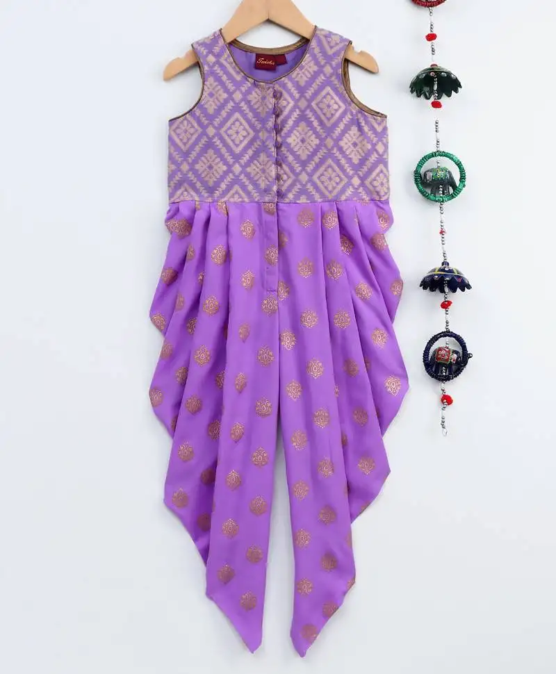 Purple printed brocade kids-tops