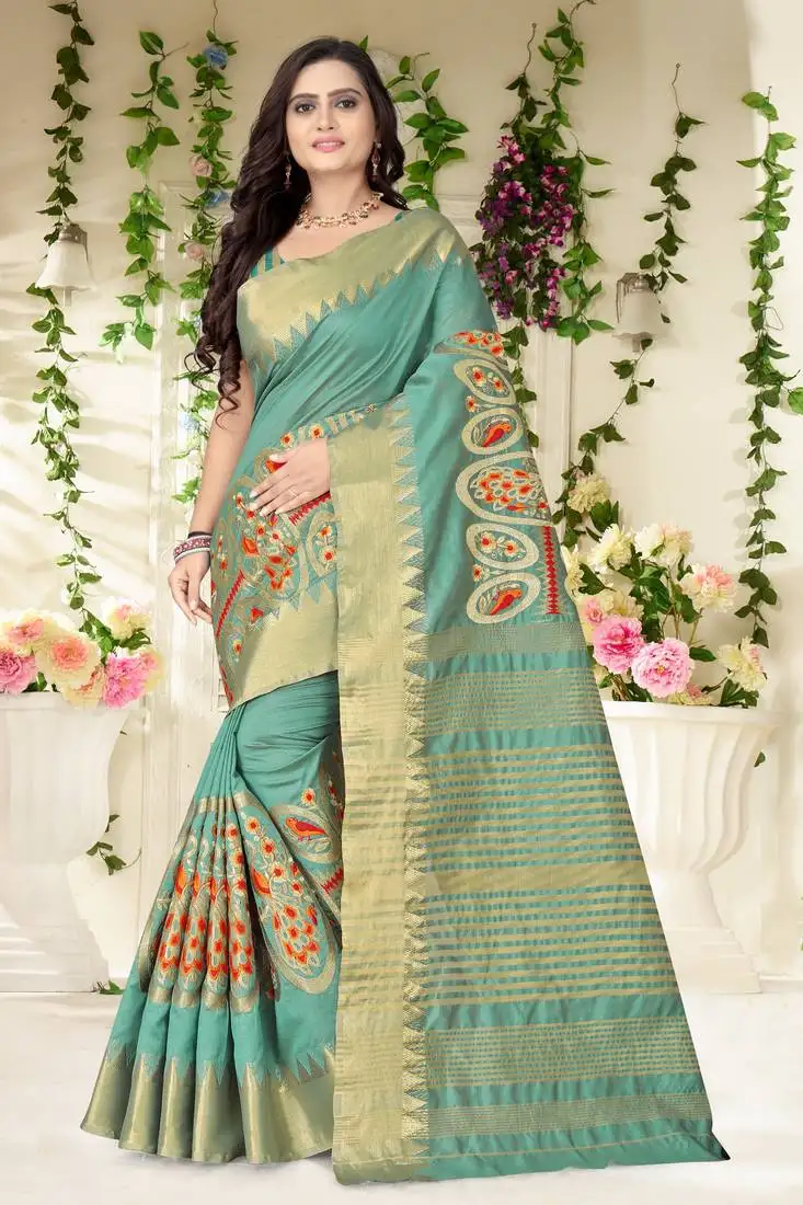 Turquoise embroidered cotton silk saree with blouse