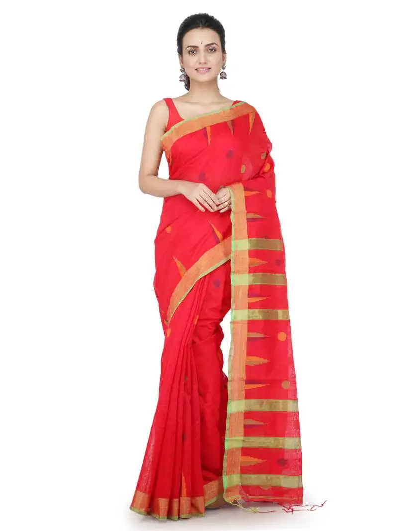 Red hand woven cotton silk saree with blouse