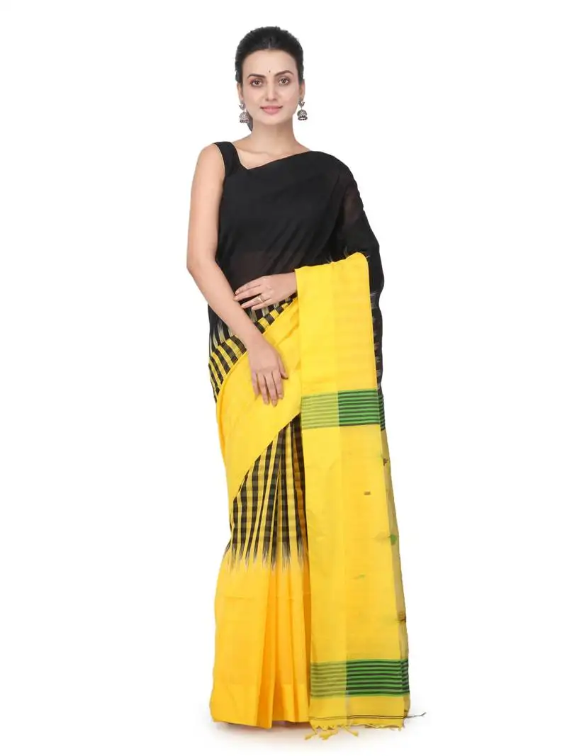Black hand woven cotton silk saree with blouse