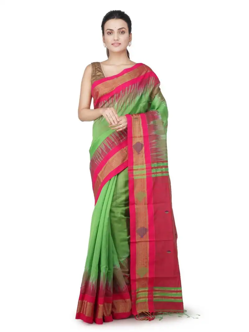 Green hand woven cotton silk saree with blouse