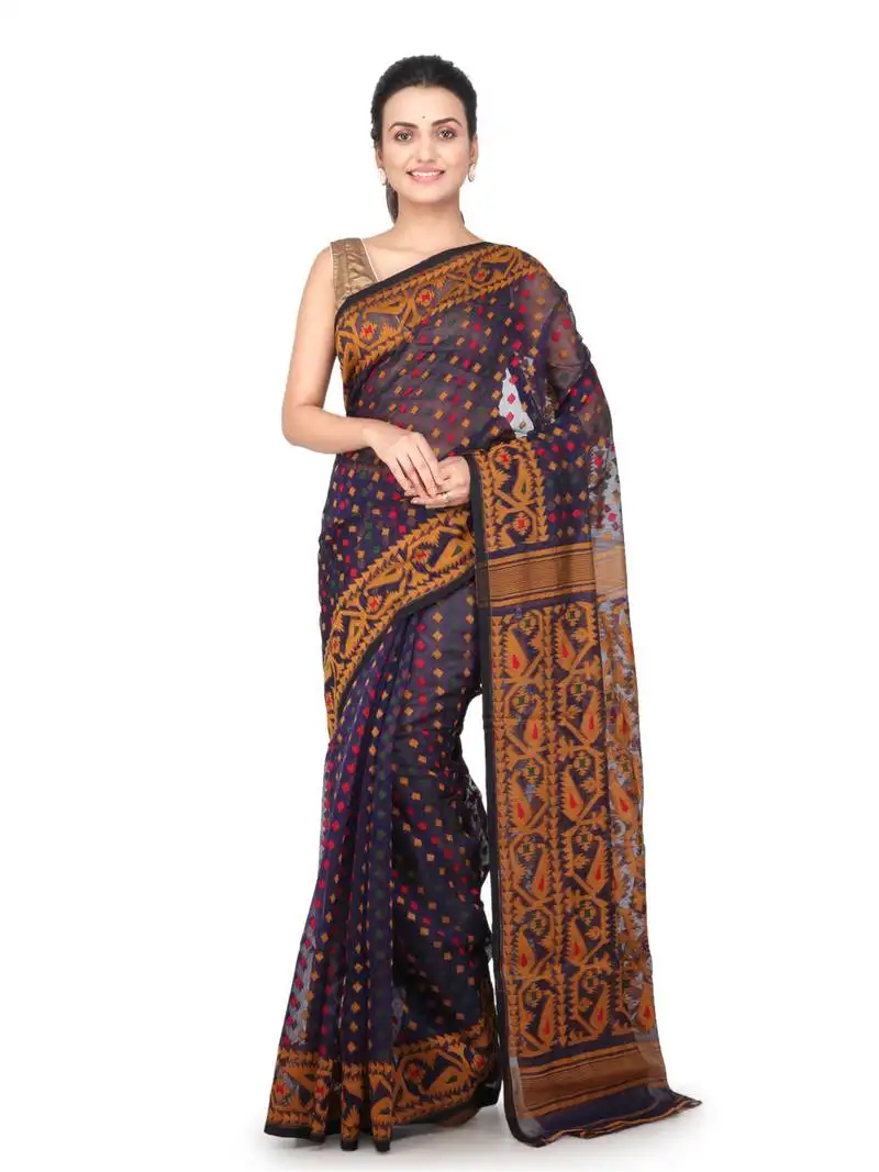 Blue pure cotton hand woven bengal handloom saree