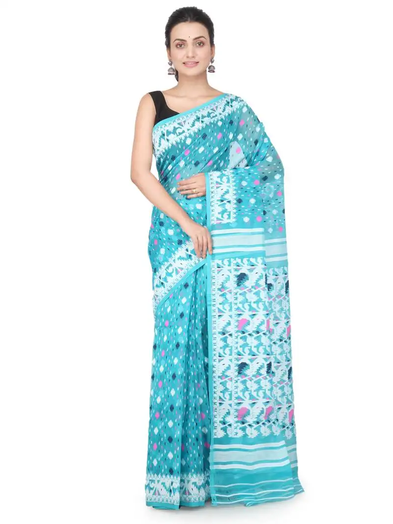 Sea green hand woven pure cotton saree without blouse