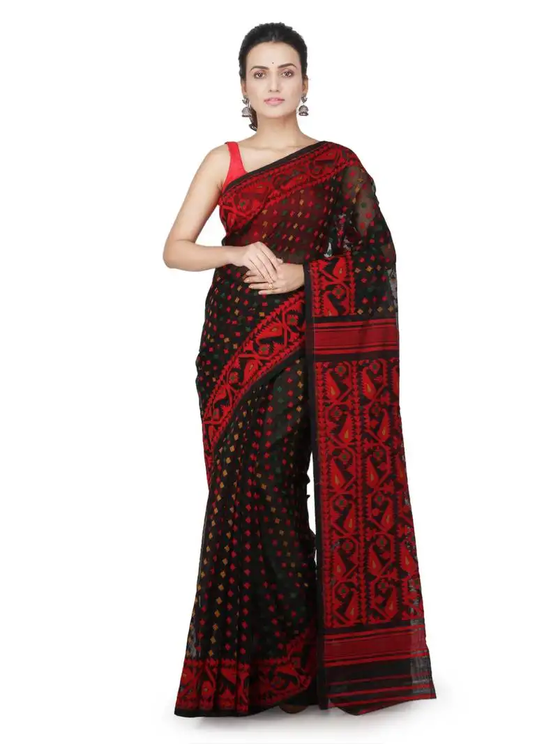Black hand woven pure cotton saree without blouse