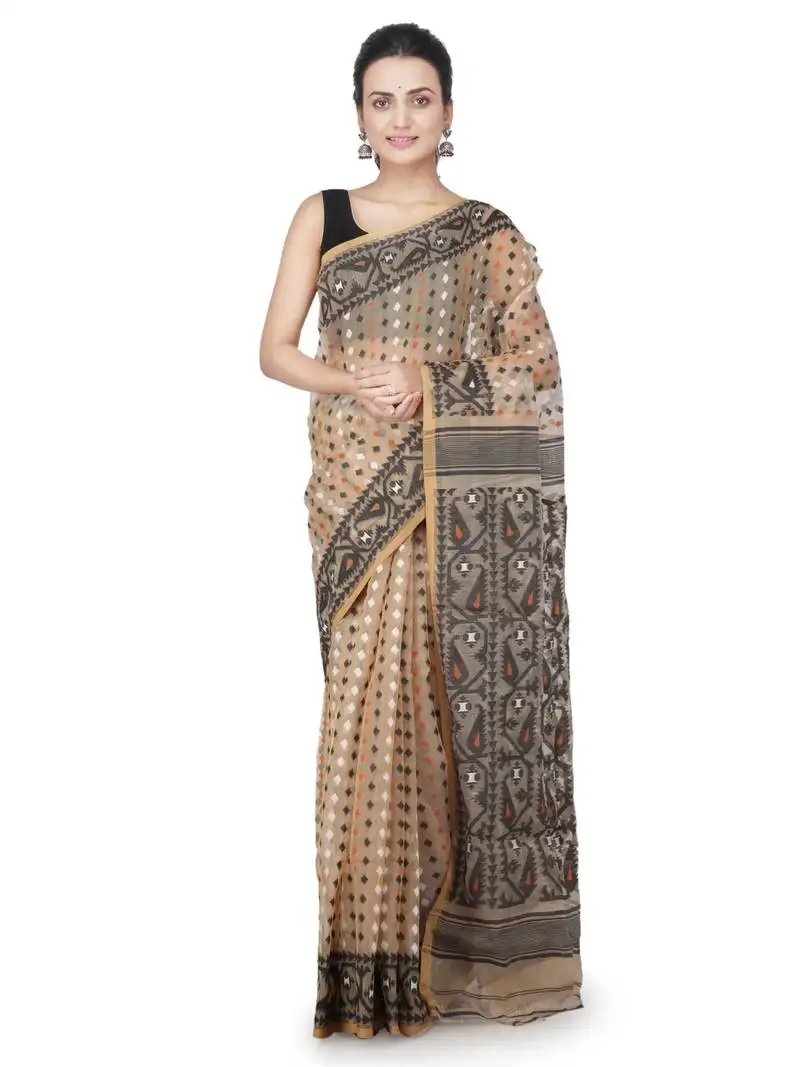 Beige hand woven pure cotton saree without blouse