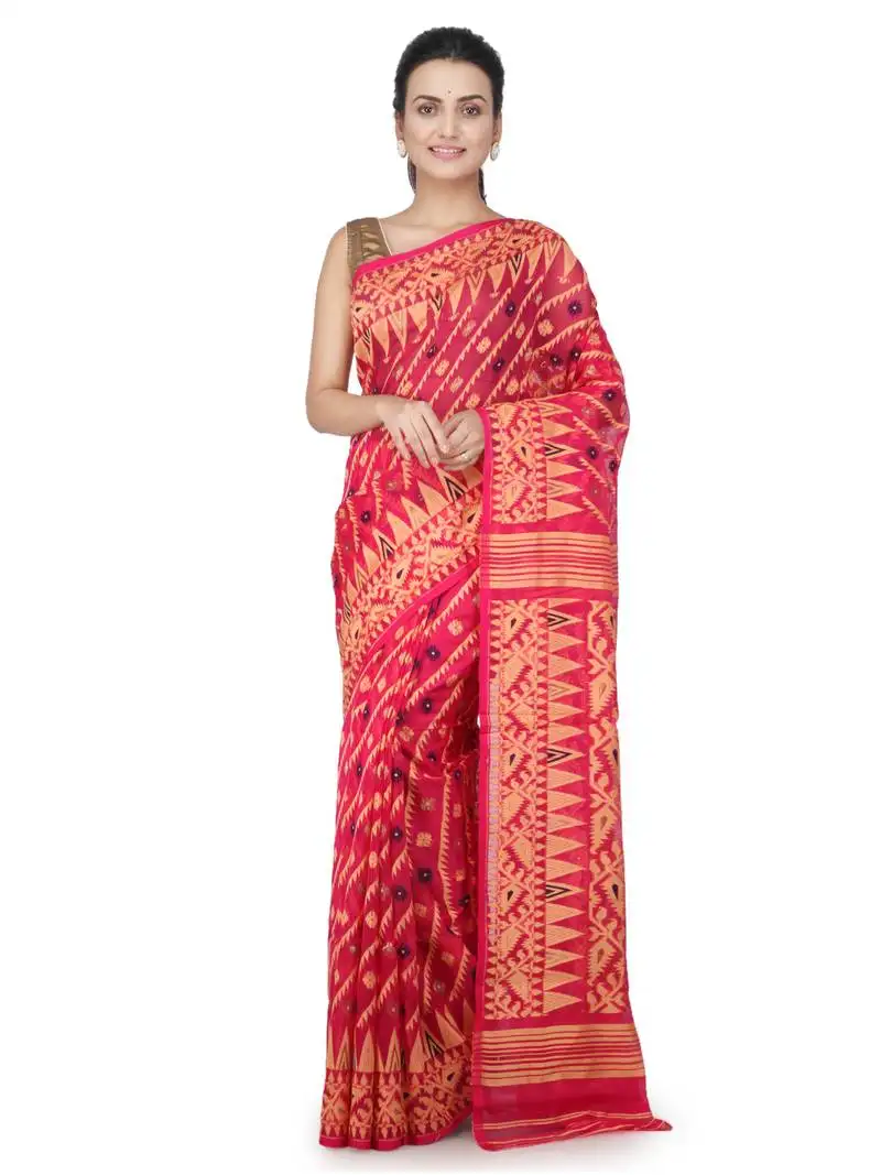 Pink hand woven pure cotton saree without blouse