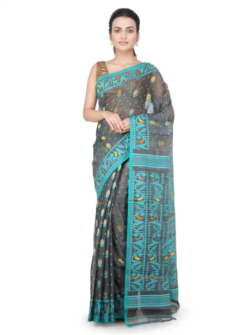 Grey hand woven pure cotton saree without blouse